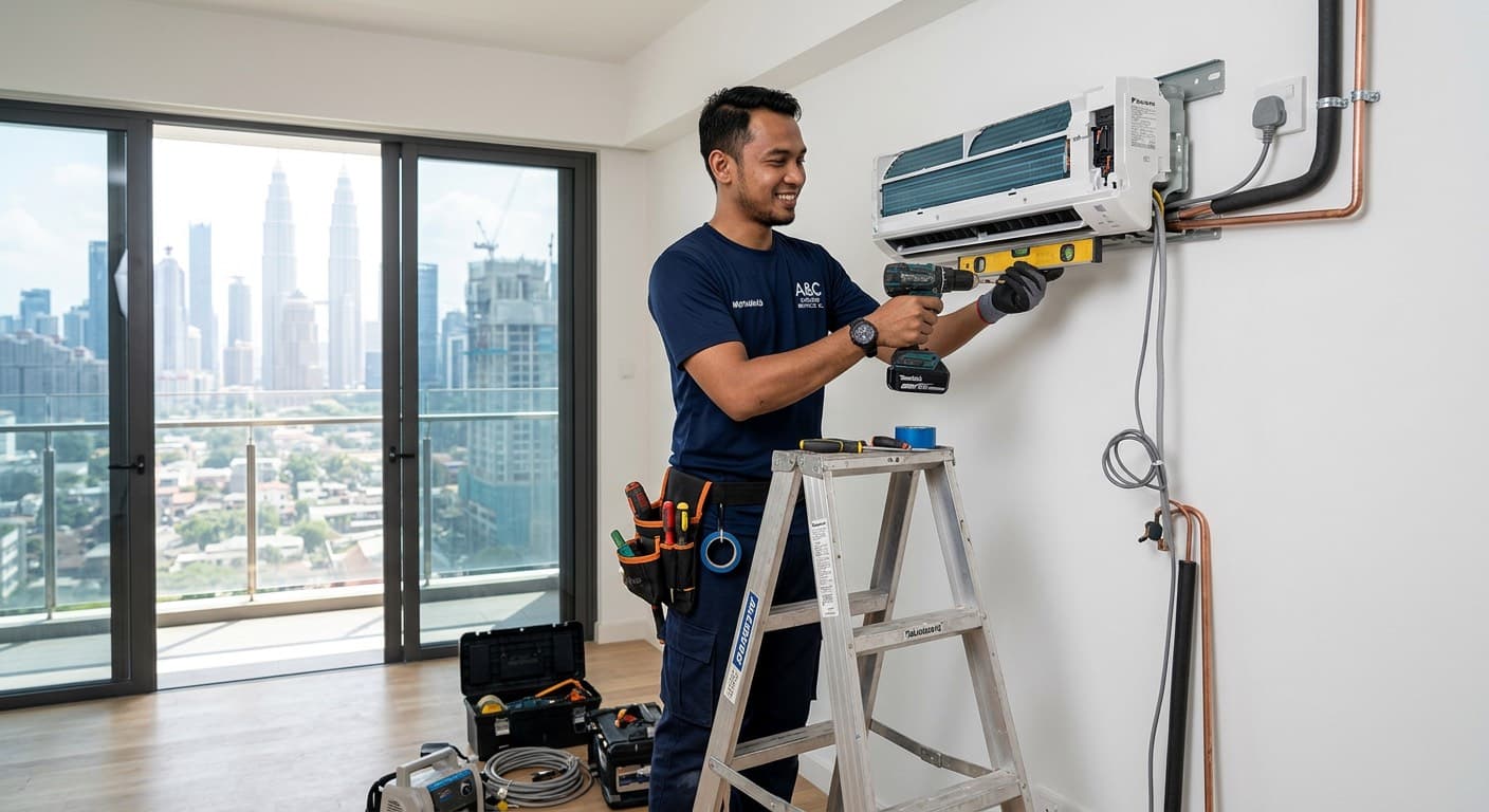 Pemasangan aircond Midea oleh juruteknik bertauliah