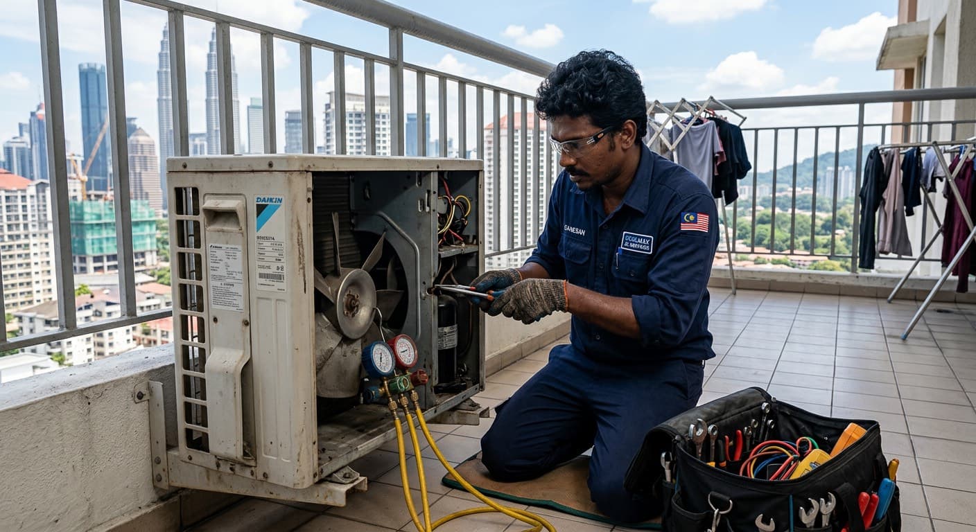 Technician membaiki unit outdoor Midea